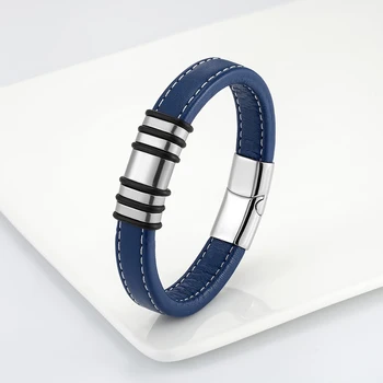 2021 New Fashion Simple Punk Style 5 Ring Stainless Steel Men's Classic Bracelet Blue Wide Leather Rope Charm Bracelet