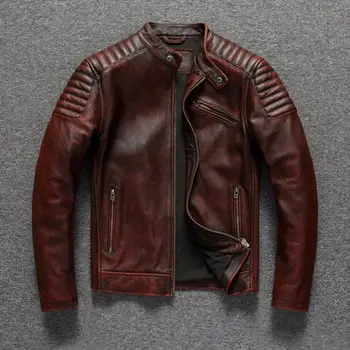 Copersian Men's Genuine Leather Jacket Natural Cowhide Hunting Jacket  Retro Motorcycle Jacket Spring Autumn Mens Clothes