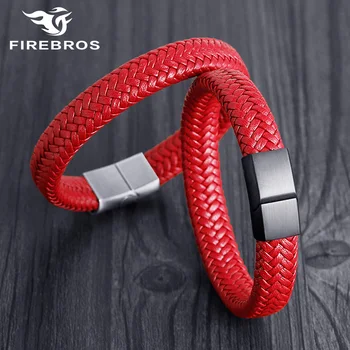 FIREBROS 12mm Blue Red Black Wear-resistant Genuine Leather Bracelet Bangle Men Women Jewelry Stainless Steel Magnetic Clasp