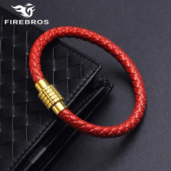 FIREBROS Gold Silver Color Stainless Steel Magnetic Buckle Black Red Genuine Leather Bracelet Men Women Jewelry Dropshipping