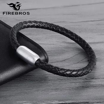 FIREBROS Stainless Steel Magnetic Buckle Cheap Genuine Braided Leather Bracelet Men Women Minimalism Leather Jewelry Droshipping