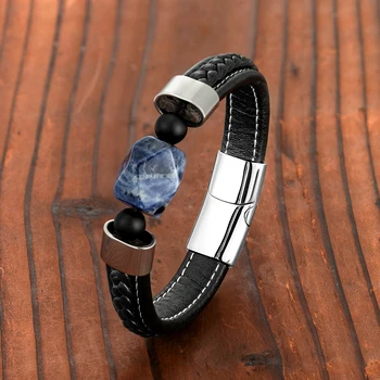 Fashion Rhombus Natural Blue Stone Semi-precious Stone Men's Bracelet 316L Stainless Steel Leather Cord Jewelry Bracelet