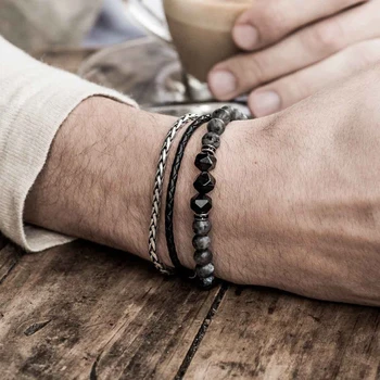 Mens Bracelet 3 pieces/lot Set Handmade DIY mix Natural Stone Classic Beads Genuine Leather and Stainless Steel Chain 2018 New