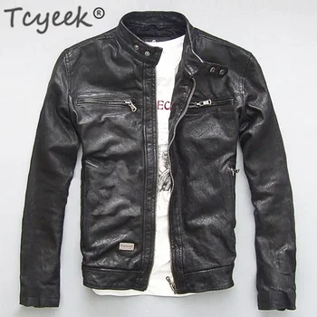 Tcyeek Men's Genuine Leather Jacket Men Real Sheep Goat Black Brown Male Bomber Motorcycle Jackets Spring Autumn Mens Clothes L1