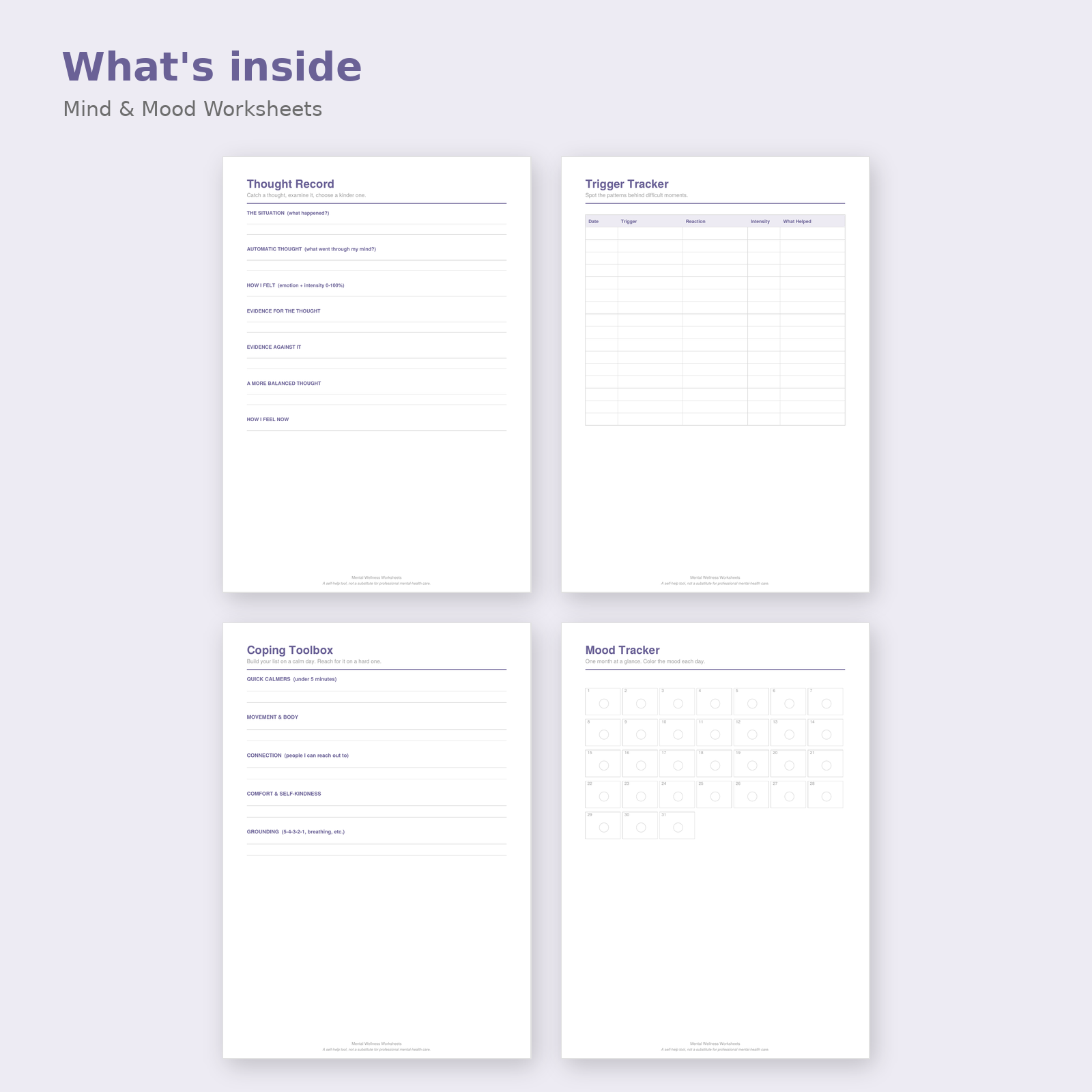 CBT Worksheets Printable PDF | Thought Record & Mood Tracker - Image 2
