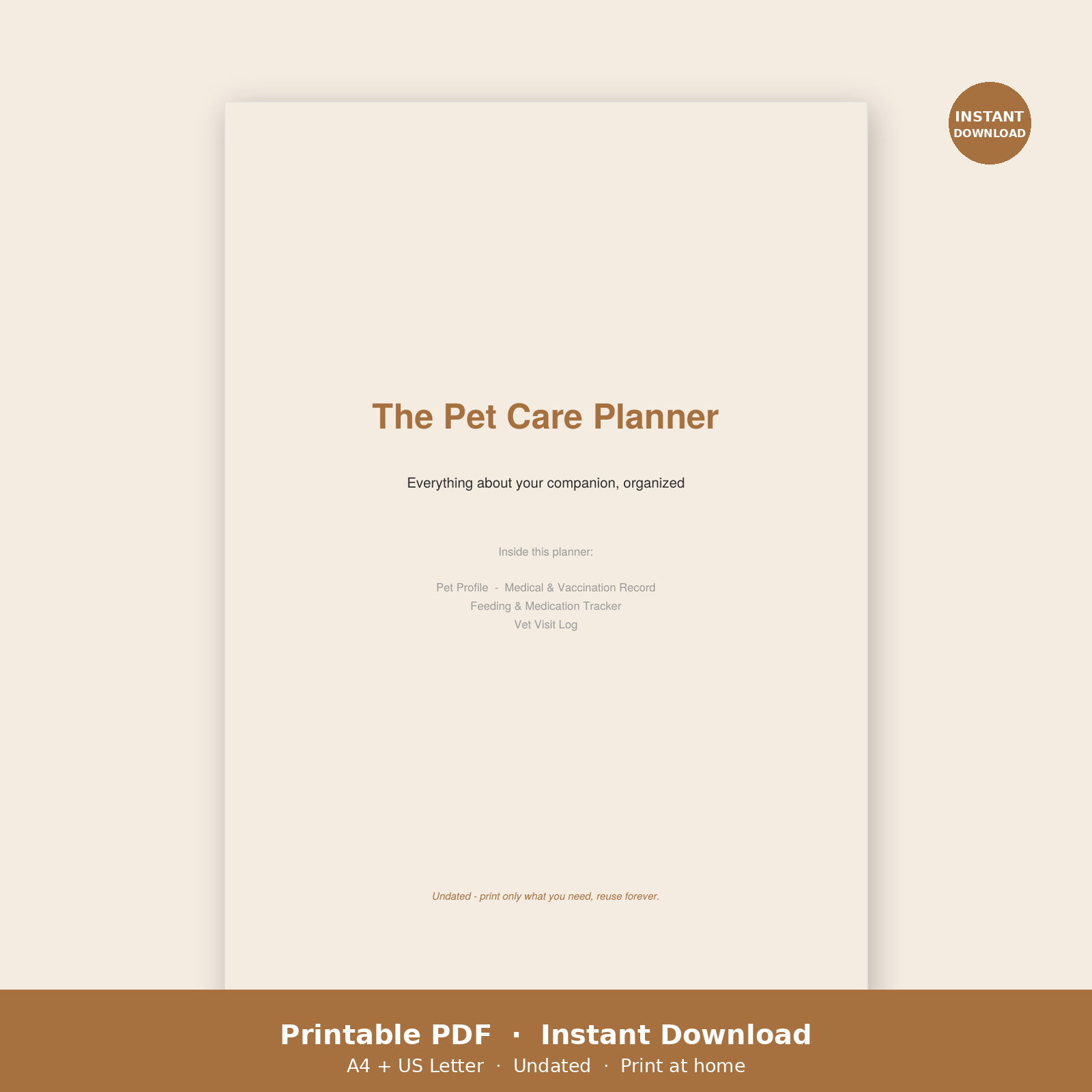Pet Care Planner Printable PDF | Vaccination Record & Vet Log