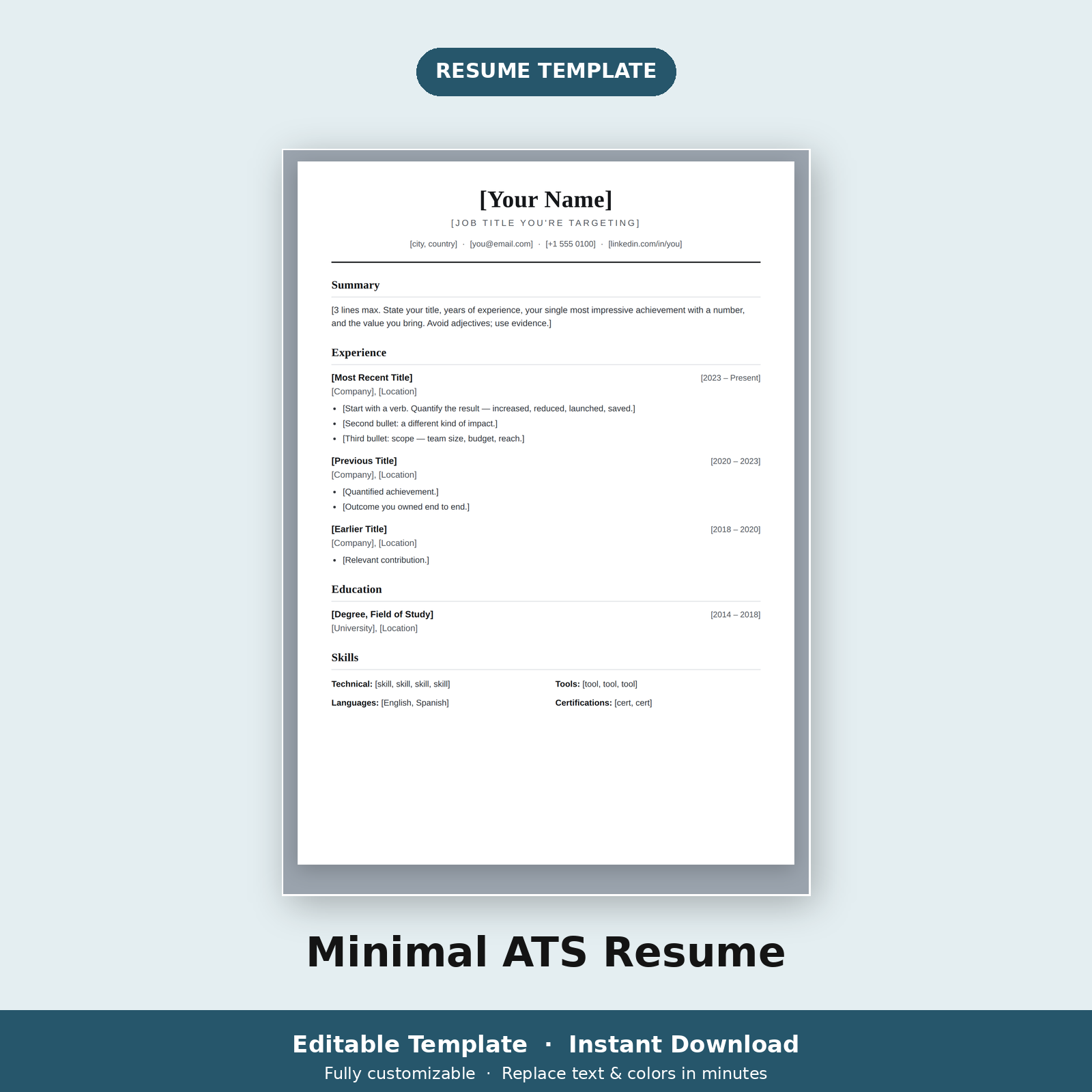 ATS Resume Template | Minimal Single-Column CV