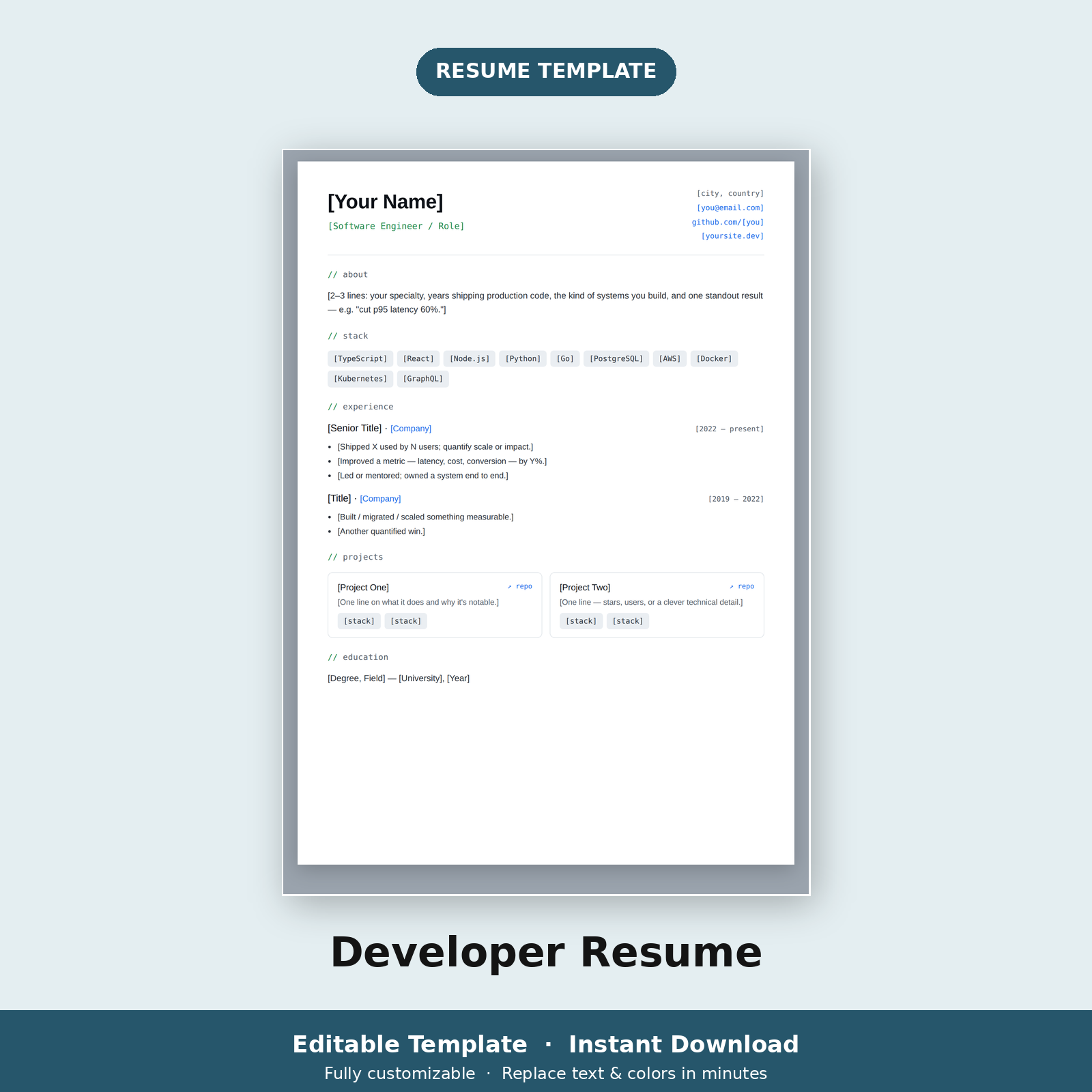 Developer Resume Template | Tech CV with Projects & Stack